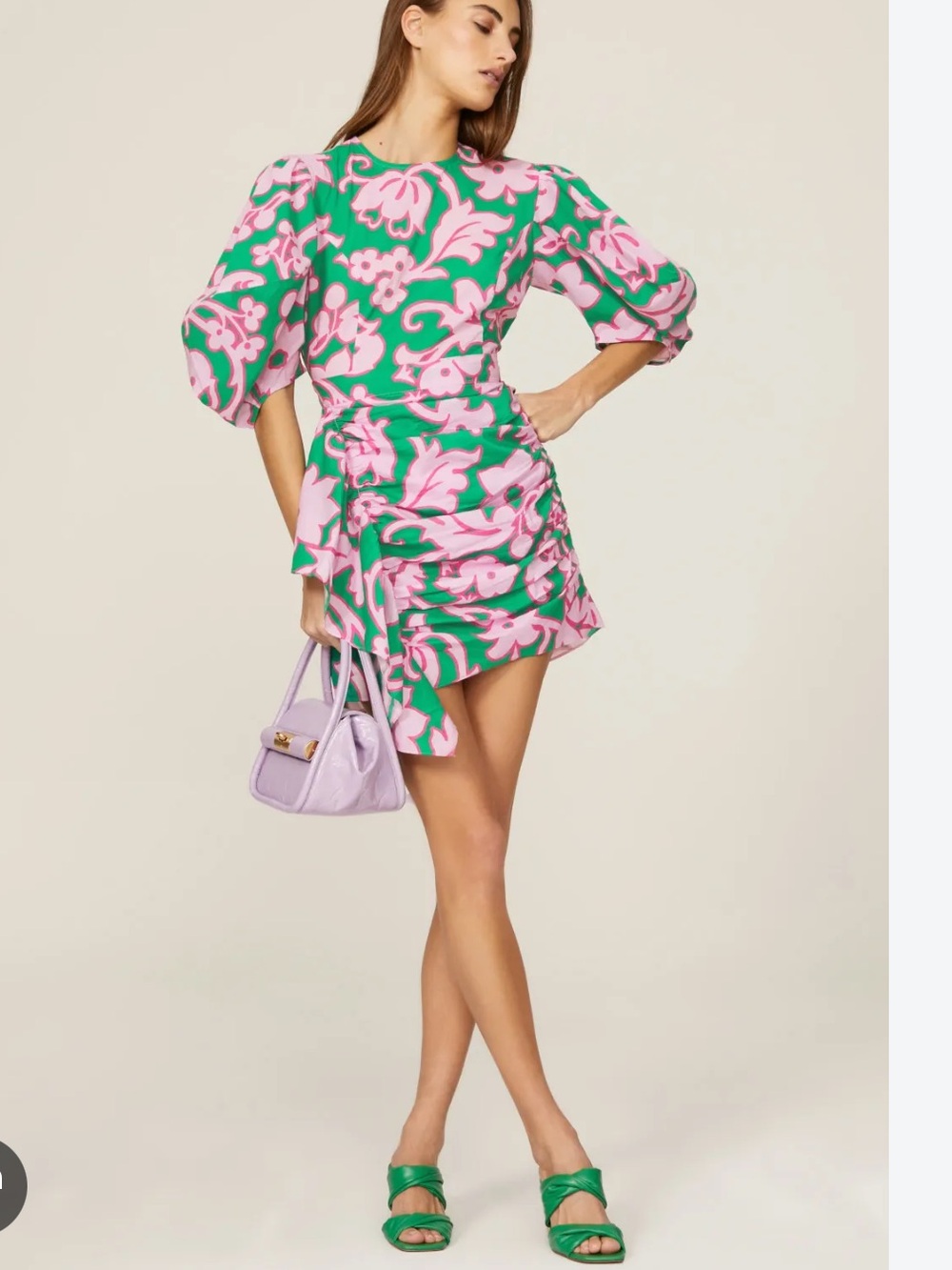 Rhode Pia Green and Pink Puff Sleeve Mini Dress size S